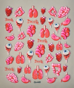 3D embossed anatomical organ nail art stickers with heart, brain and eye designs