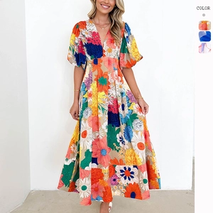 Women Floral Print Puff Sleeve V-Neck Maxi Dress Elegant High Waist A-Line Summer Long Beach Vacation Gown