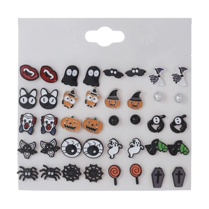 25 pairs of Halloween stud earrings set featuring pumpkins, ghosts, and spider webs