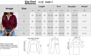 Detailed size chart for lace trim V-neck knit sweater showing measurements in cm and inches