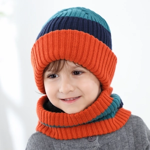 Kids Knitted Beanie And Neck Warmer Warm Winter Striped Ribbed Woolen Yarn Hat And Scarf For Toddler Boys Girls