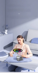 Smart handheld steam iron with LED display for different fabric settings on purple wool sweater