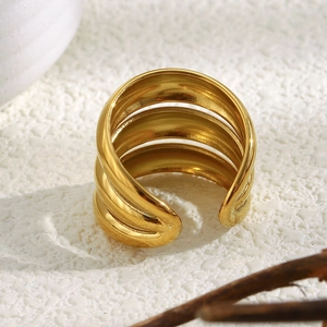 Bague ouverte élégante à trois couches en acier inoxydable plaqué or 18 carats