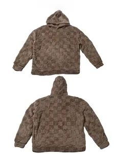 Front and back views of brown oversized fleece hoodie with embossed checkerboard texture