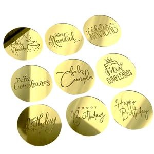 9pcs round golden acrylic Feliz Navidad and Happy Birthday cupcake toppers on white background