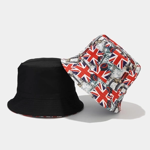 Reversible bucket hat featuring Union Jack London print and solid black cotton fabric