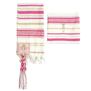 Detailed view of white polyester Tallit with pink and gold stripes and embroidered bag