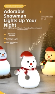 Macro shot of silicone snowman night light with integrated Bluetooth speaker and warm glow