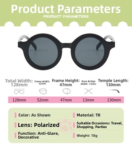 Detailed size chart for children's round frame polarized sunglasses with TR material specs