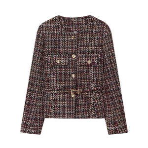 Women's plaid tweed jacket with gold buttons and waist belt in pink and black
