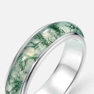 Minimalist S925 sterling silver ring with natural green moss agate stone for women