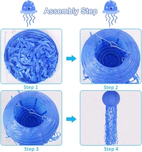 Detailed four-step assembly guide for a blue jellyfish paper lantern decoration