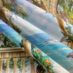 Makro-Detail von Wandteppich-Stoff mit mediterranem Ölgemälde-Muster und Textur