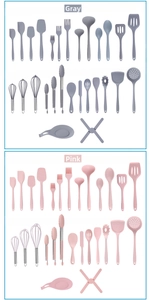 Flat lay of pink and grey silicone kitchen utensil sets including spatula and whisk