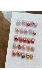 Detail of 24pcs cartoon graffiti press-on nails with funny eyes and colorful 3D lips