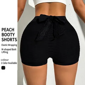 Women High Waist Honeycomb Textured Yoga Shorts Butt Lift Athletic Gym Fitness Running Booty Shorts With Back Bowknot