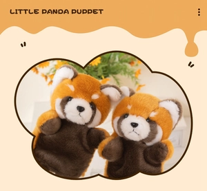 Detailed close-up of two realistic red panda hand puppets with soft plush fur texture