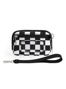 Close-up of checkerboard card holder featuring transparent slot and detachable wristlet strap