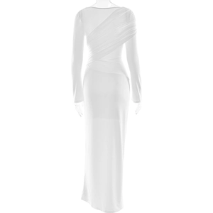 Detailed view of white long sleeve dress with elegant ruched wrapping and sleek fabric