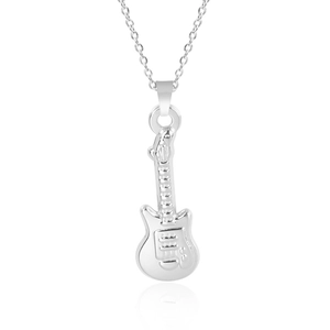 Polished silver guitar pendant necklace detail with fine chain and clear reflection