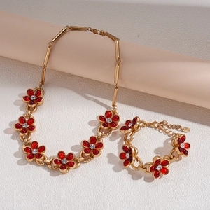 Retro gold chain necklace and bracelet set with red floral crystal glass charms
