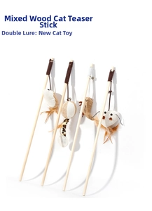 Detailed set of 4 linen cat teaser sticks with natural feathers, bells and wooden poles