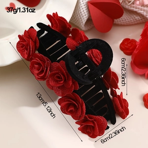 Detail view showing weight and dimensions of the red floral bridal hair clip