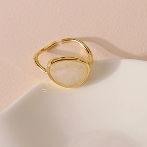 Minimalist 925 silver open ring in gold finish with large white crystal gemstone