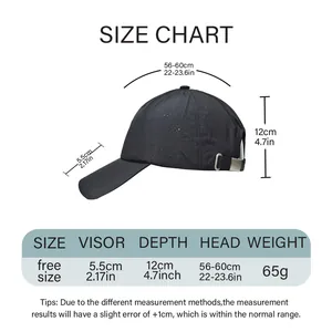 Size chart for breathable quick-dry baseball cap with dimensions and measurements