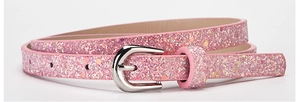 Close-up of pink glitter belt with silver pin buckle for dresses and jeans