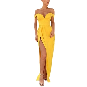 Elegant yellow off-shoulder evening gown with V-neckline and high slit for formal events