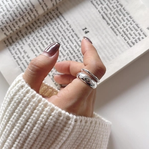 925 Sterling Silver Irregular Double Layer Adjustable Open Ring Minimalist Textured Concave Convex Design Jewelry
