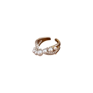 Silver adjustable criss-cross ring featuring elegant faux pearls and zircon accents