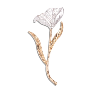 Elegant two-tone metal tulip flower brooch with textured petals on white background