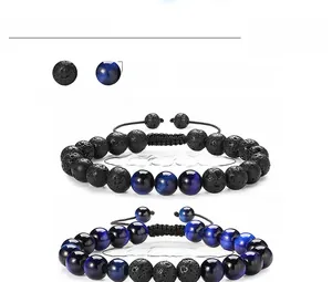 Detail of 8mm lava and blue tiger eye stone bracelets with adjustable braided cords