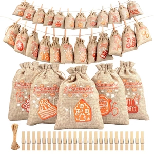 Christmas advent calendar set with 24 linen pouches, wooden clips and twine for hanging