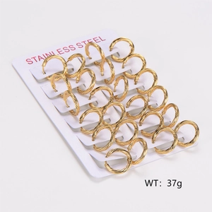 Bulk set of twelve pairs of golden stainless steel cable hoop earrings on white display cards