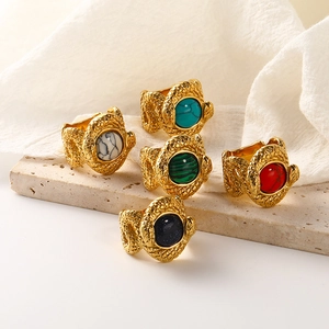 Vintage Palace Style Snake Wrap Ring Titanium Steel Inlaid Turquoise Malachite Blue Goldstone Royal Gold Plated Jewelry For Women