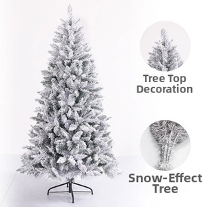 Detail of white flocked Christmas tree with secure tree top and heavy artificial snow
