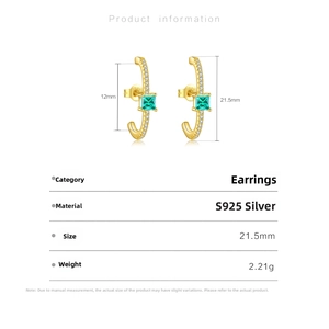 Detail showing S925 silver C-shape earring with green stone and 21.5mm size specs