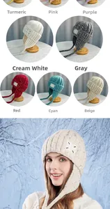 Detailed grid of vibrant knitted earflap hats with model lifestyle shot in winter snow