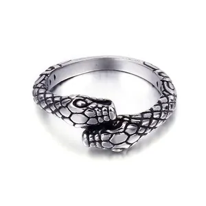 Minimalist stainless steel snake open ring with detailed silver scales and dual snake heads