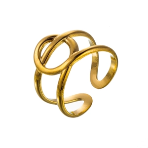 Detail of 18k gold plated stainless steel ring with double hollow horsebit design
