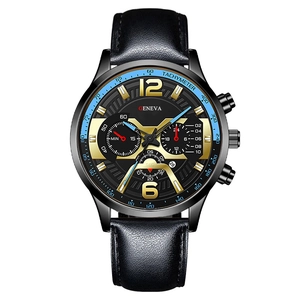 Men's fashion quartz watch with black leather strap and gold markers on a black dial