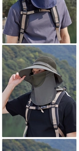 Detail of gray sun hat featuring breathable mesh crown and wide brim for outdoor sun protection