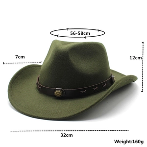 Western felt cowboy hat in dark green with leather band, studs, and size specifications