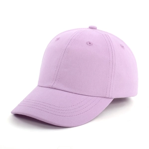 Detailed view of light purple six-panel cotton baseball cap with curved brim and top vents