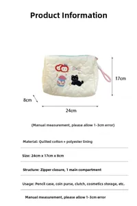 Quilted cotton toiletry bag with cat and apple embroidery and size 24x17x8cm dimension details