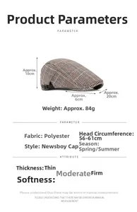 Detailed size specifications for a grey plaid newsboy cap with polyester fabric details