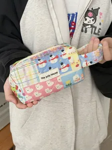 Quilted color-block octagonal handbag with cute cartoon prints for stationery and makeup